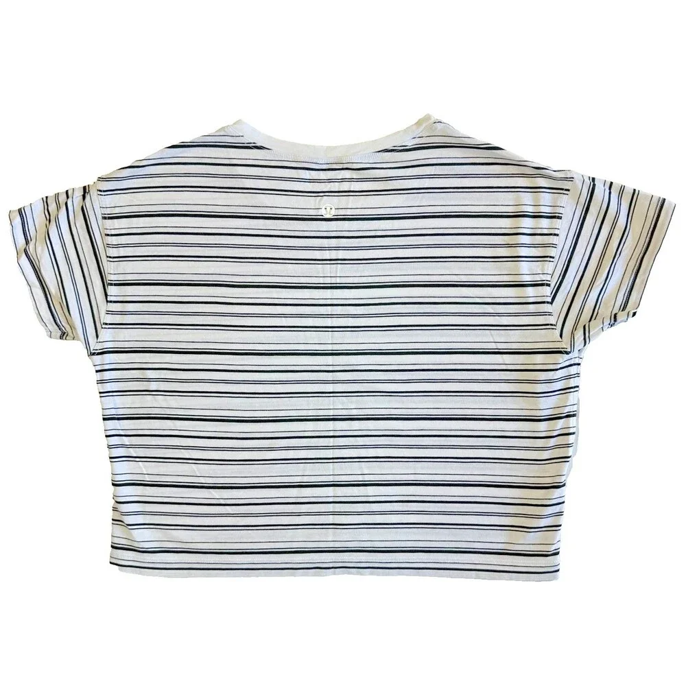 Lululemon Cates Tee Cut Back Stripe White Black T Shirt Crop Pima Cotton